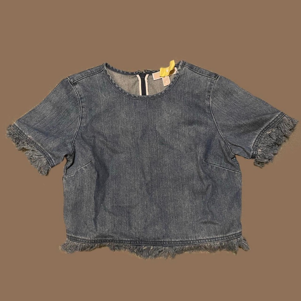 Denim Cropped Top With Frayed Hem